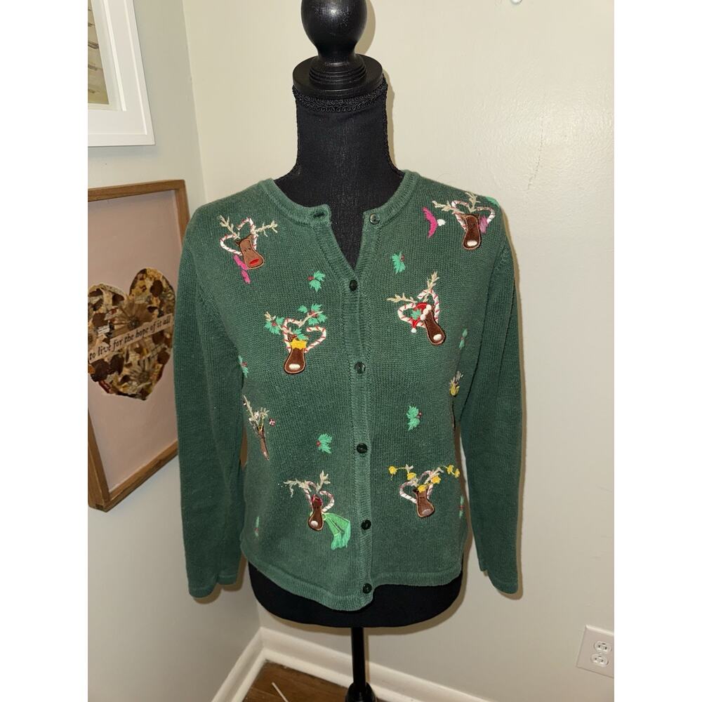 Kobe Girl Cardigan Sweater Size Large 14 Green Reindeer Holiday Christmas Ugly